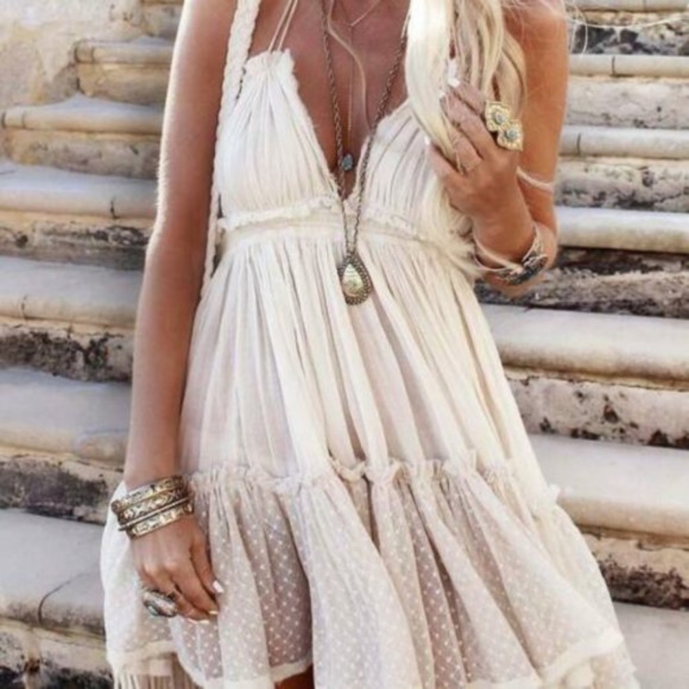 Boho Backless V Halter Swiss Dot Mini Dress Cream